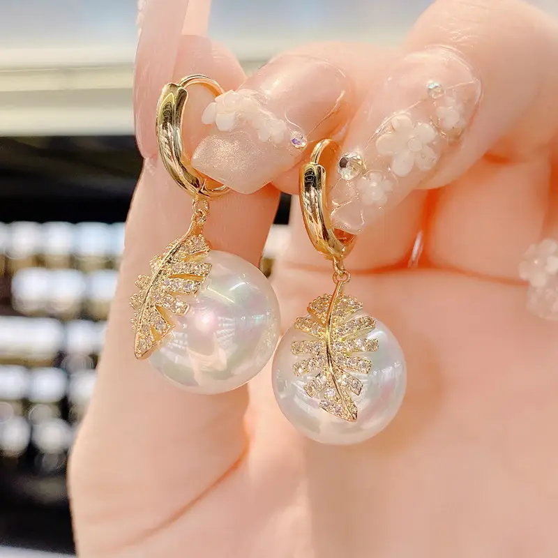 Zircon Leaf Pearl Earrings