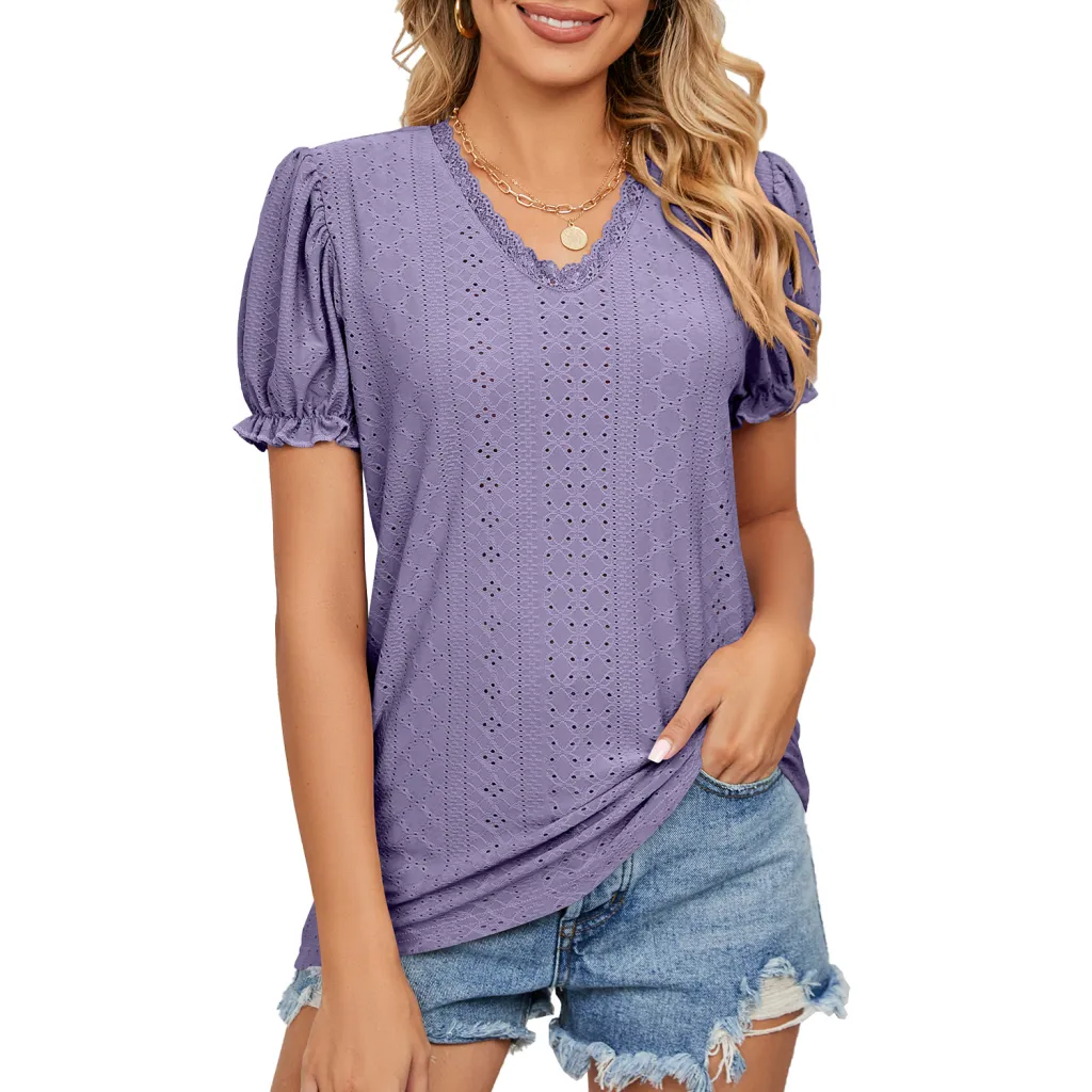 Solid Color Lace Patchwork Princess Sleeve Hollow Top - Purple