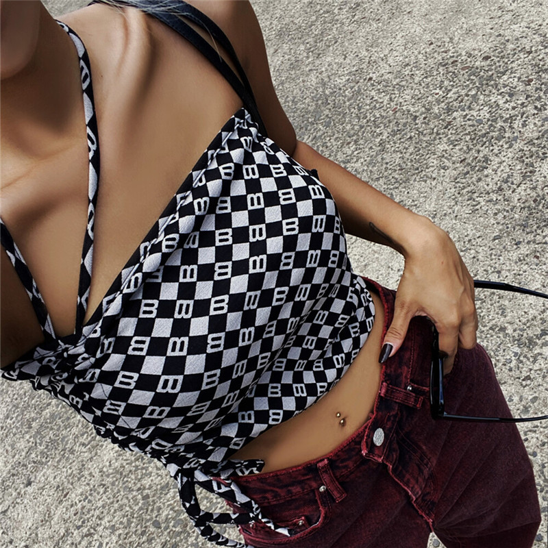 Title 2, Letter Plaid Print Drawstring Halter Neck Slim ...