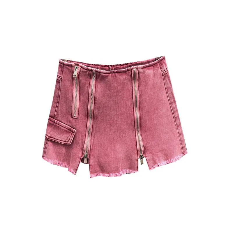 Women's Anti-fading Zipper Patch Denim Skirt - Pink