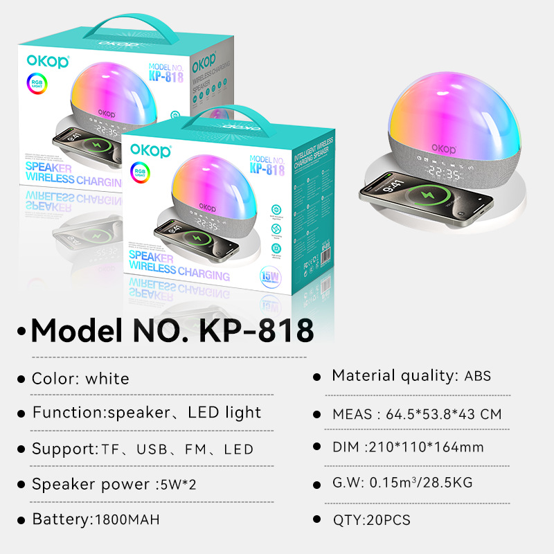 KP-818 Hot-selling 15W Desktop Bluetooth Speaker Featuring Wireless Charging Alarm Clock Timer RGB Ambient Lighting And White Noise 3