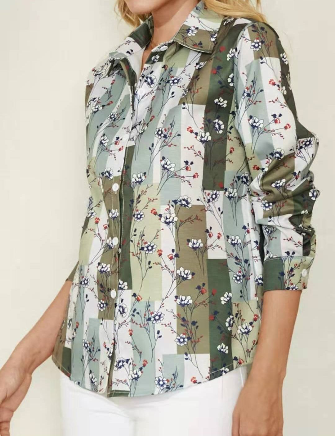 European And American Loose Lapel Printed Long-sleeved Shirt