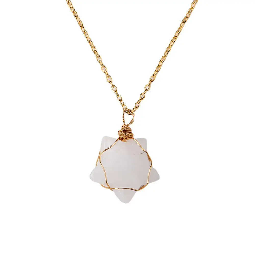 Natural White Crystal Stars Hand-woven Gold Wire Pendant Necklace