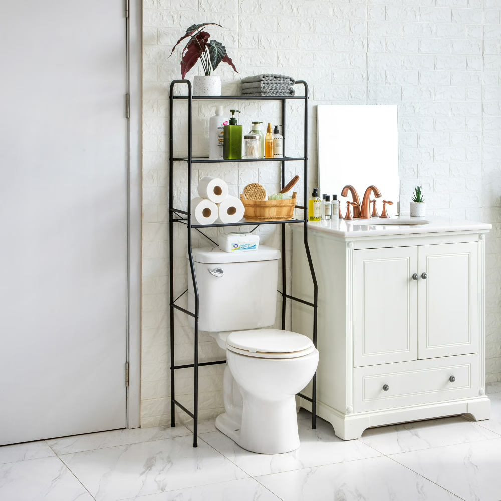 Over-the-Toilet Steel Storage Unit With 3 Shelves And Liners, Matte Black