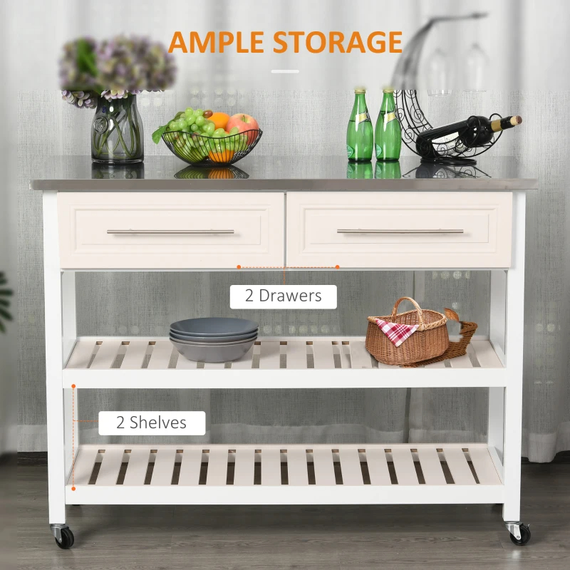 Kitchen Island With Stainless Steel Top, Traditional Kitchen Island With Storage, Butcher Block Cart 2-Tier Open Shelves, Drawers, White