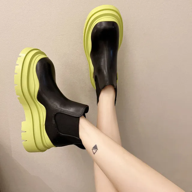 Sponge Cake Thick Soled Microfiber Leather Ankle Boots Green - Shop at LoveMi