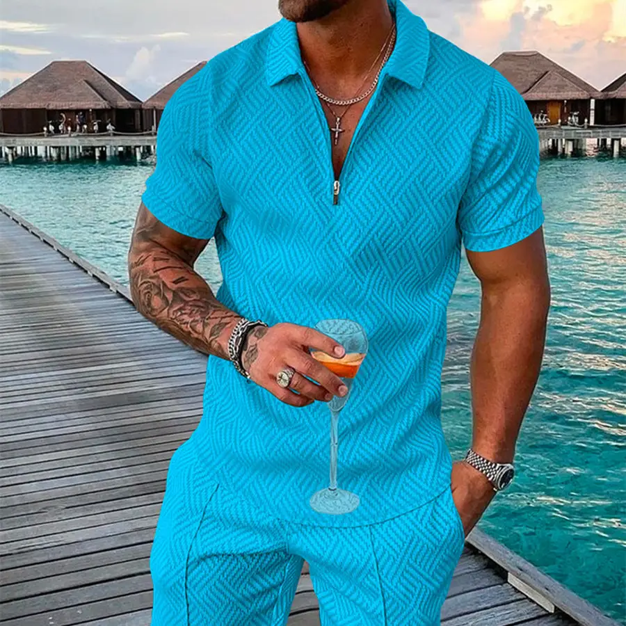 Men's Summer Fashion 3D Printed Short Sleeve Geometric Zip Lapel Shirt Set