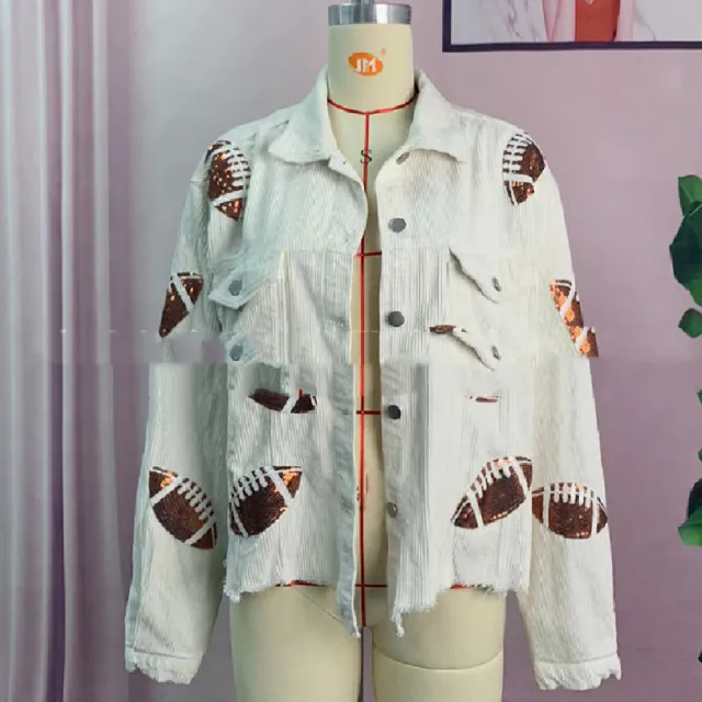 Fashion Corduroy Jacket Fashion Rugby Print Baseball Jacket Autumn And Winter Tops Clothes For Women White - Shop at LoveMi