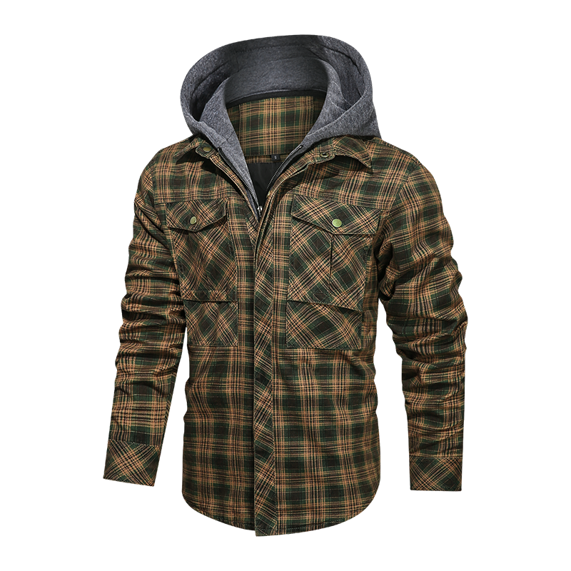 Men long-sleeved plaid jacket regular fit with fleece and detachable hoodies.