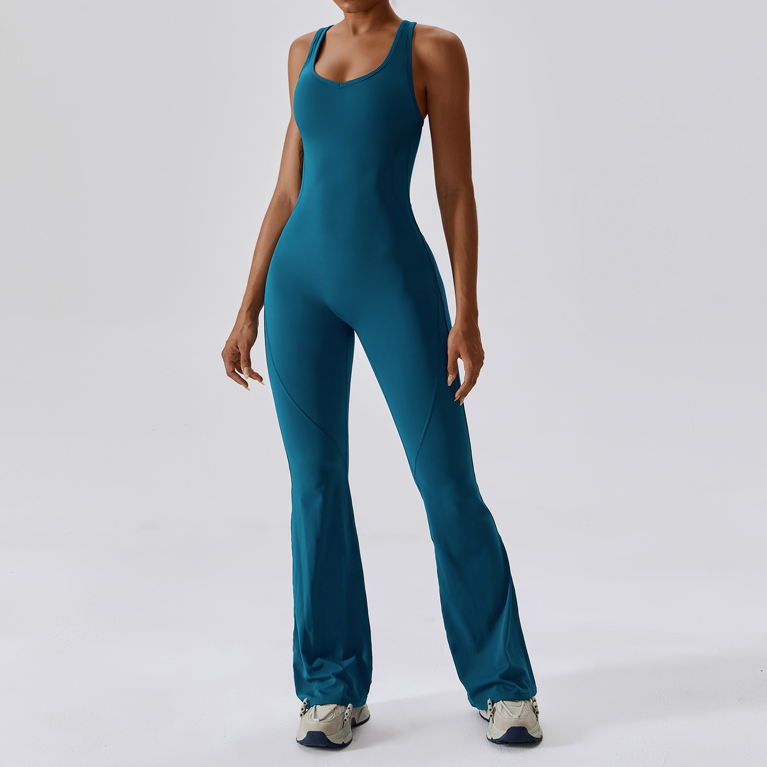 Women Quick Dry One Piece Yoga Jumpsuit High Waist Tummy Control Butt Lifting Flared Leg Bodysuit Gym Dance Workout Outfit 3