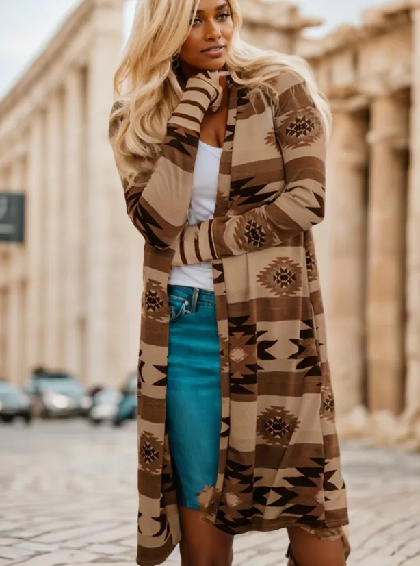 Women's Sweater Multicolor Geometric Color Block Open Front Long Cardigan Style1 - Shop at LoveMi