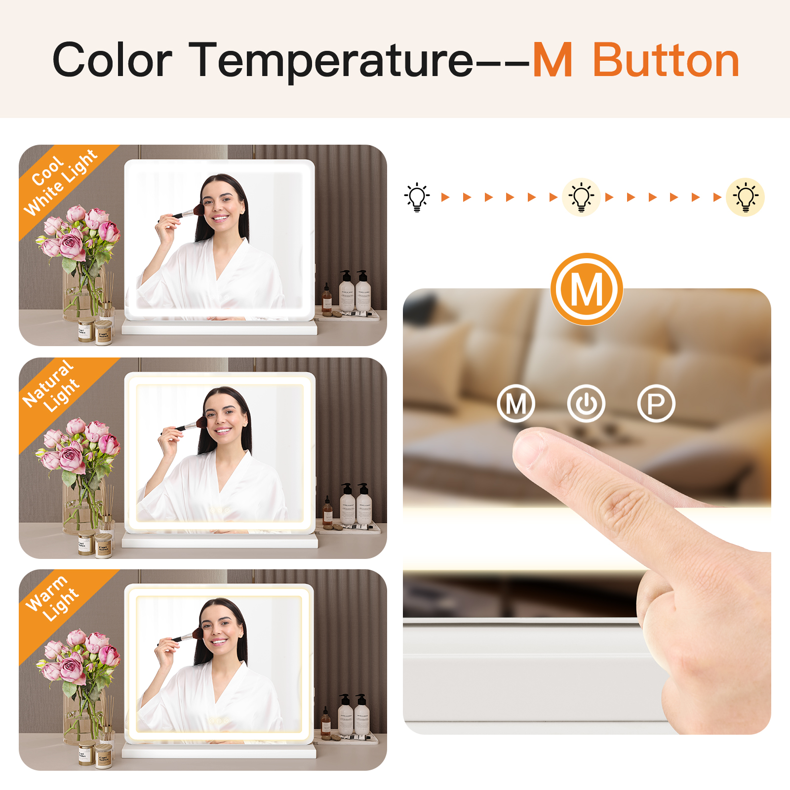 Vanity Mirror With Lights, LED Makeup Mirror With Dimmable 3 Color Modes, Touch Screen Control Vanity Based Mirror Desk Mirror Square White — foto 20