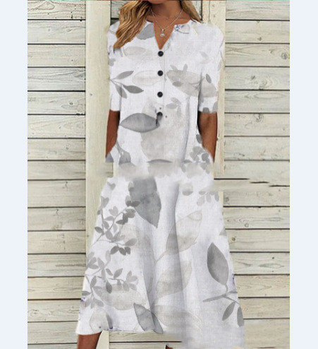 Women's Printed Pocket V Neck Loose Casual Long Dress
