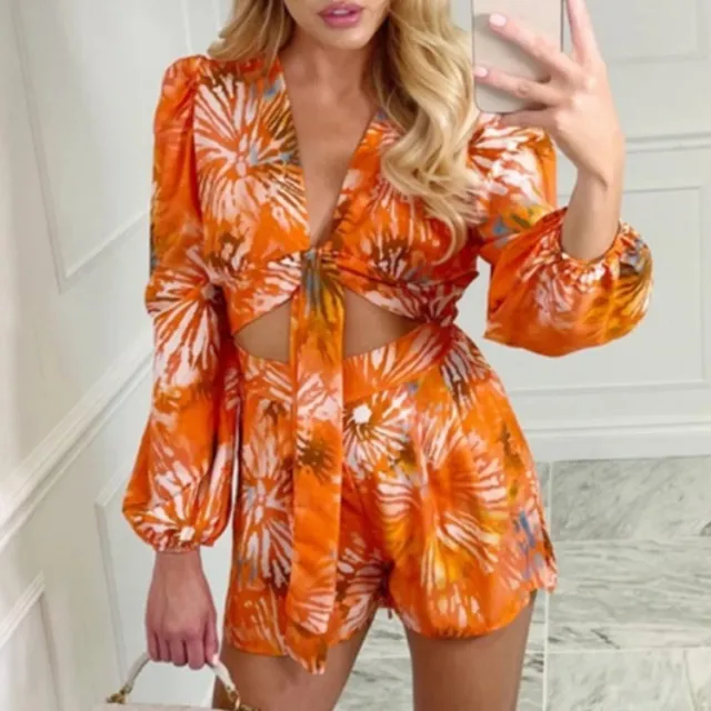 Autumn New Style V neck Hollow Lace up Jumpsuit Orange - Shop at LoveMi
