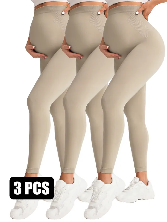 3 Pack Maternity High Waisted Seamless Yoga Pants For Women Tummy Support Fitness Leggings Apricot Apricot Apricot - Shop at LoveMi