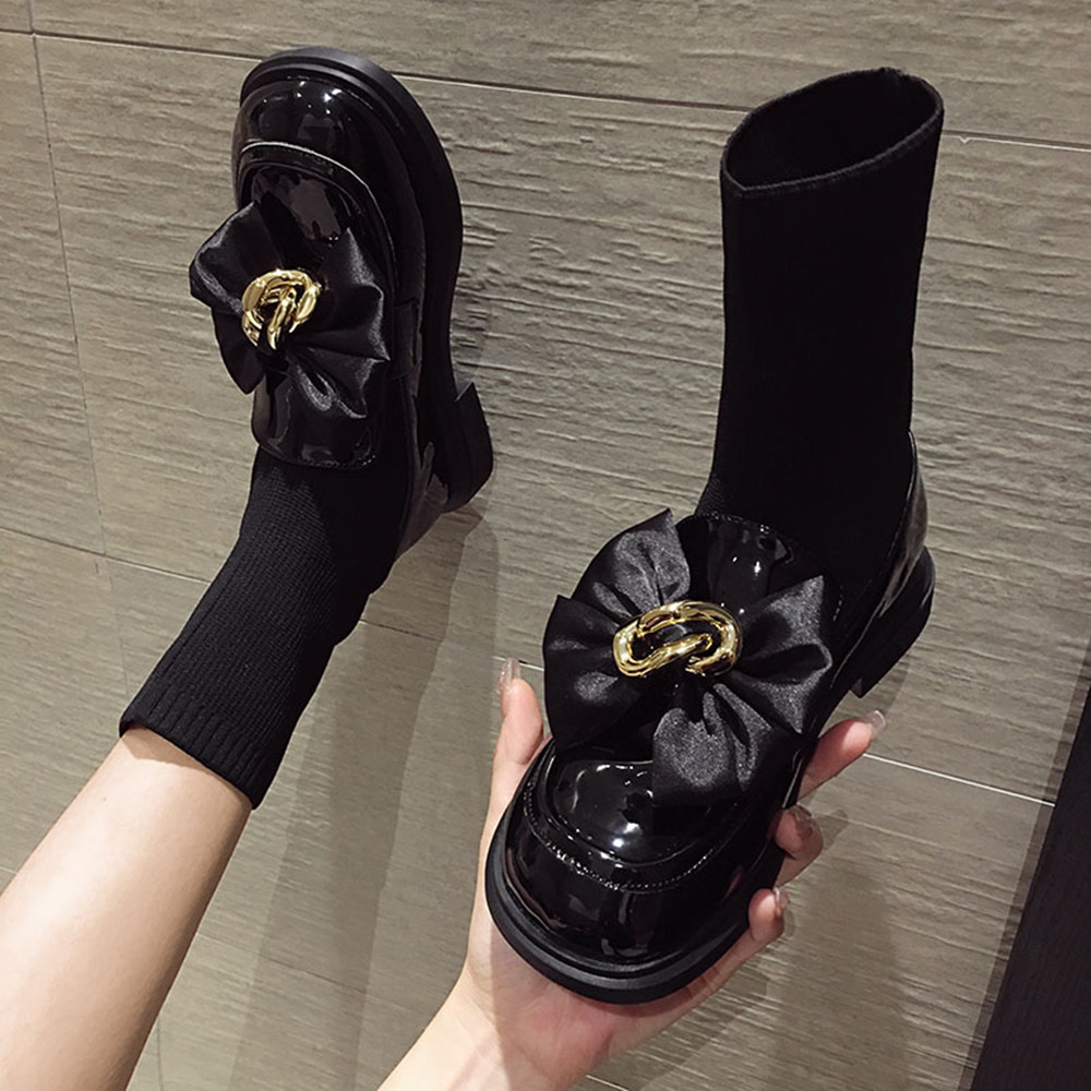 Women's Knitted Fleece Bow Platform Boots Black - Shop at LoveMi