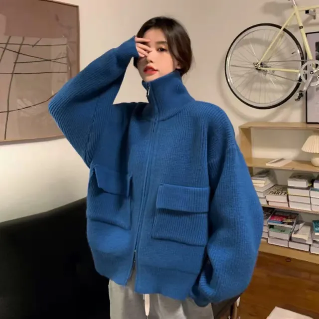 Thick Little Zip Long Sleeve Knit Cardigan Blue - Shop at LoveMi