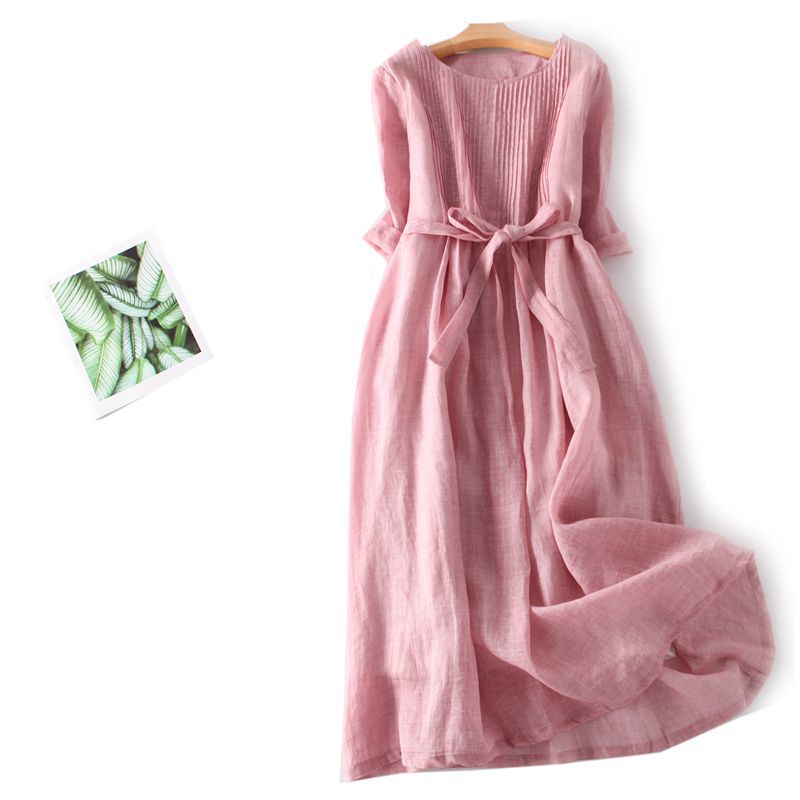Women's 2026 Summer Retro Cotton Linen Dress, Loose Tie Waist Solid Casual  Sleeve Round Neck A-Line Dress