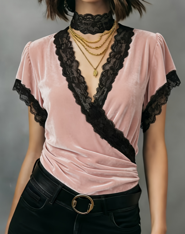 Lace-trimmed V-neck Women's Long-sleeved Slim-fit Shirt