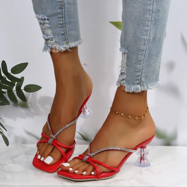 Women's Large Size All Match Rhinestone Square Head Chunky Heel Sandals And Slippers Red - Shop at LoveMi