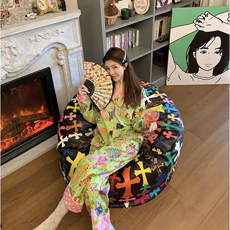 بدلة بيجاما نسائية بأكمام طويلة وسروال من قماش الحرير البارد للمنزل