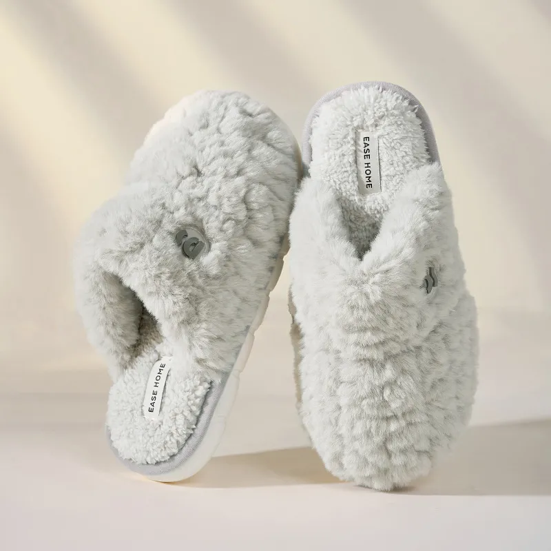 Warm Winter Plush Slippers Women Non-slip Thick-soled Fluffy Slippers Couple Slippers Men Indoor Bedroom Soft Solid House Shoes - Grey