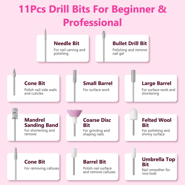 Portable Electric Nail Drill Bit 45000 RPM With 11 Bits Base Waist Clip Cordless Rechargeable Nail File Machine For Professional Salon Home Acrylic Nails Remove Nail Gel Polish Manicure 13