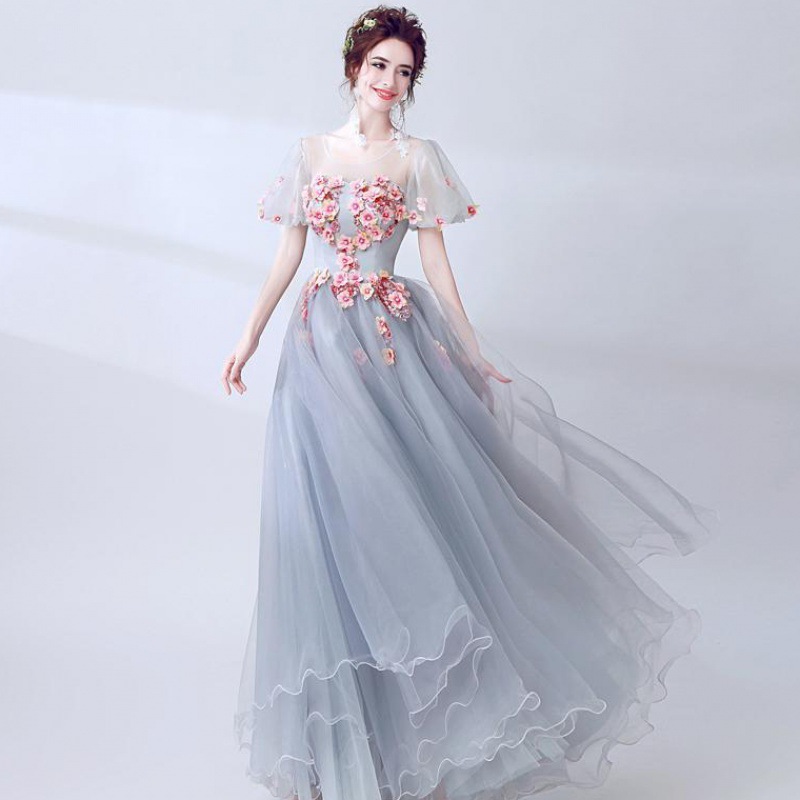 Grey-Blue Evening Dress with Flower Decoration