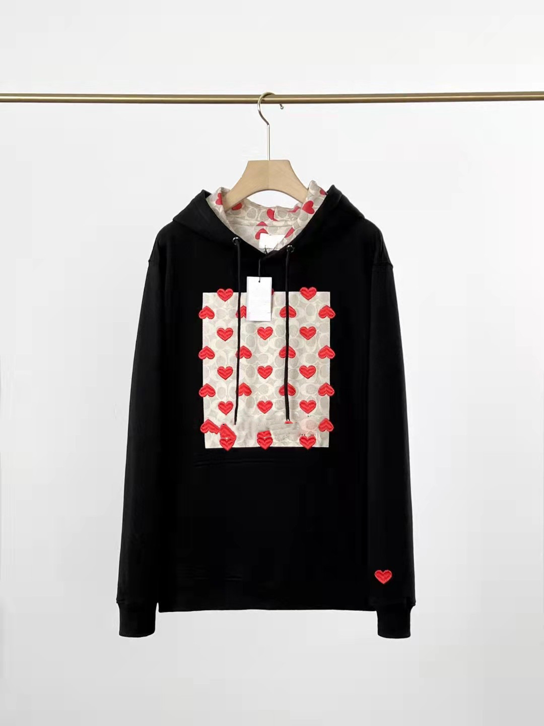 Heart Print Embroidered Hooded Pullover Ladies Long Sleeve Sweater Jacket Top Letter Loose Black - Shop at LoveMi