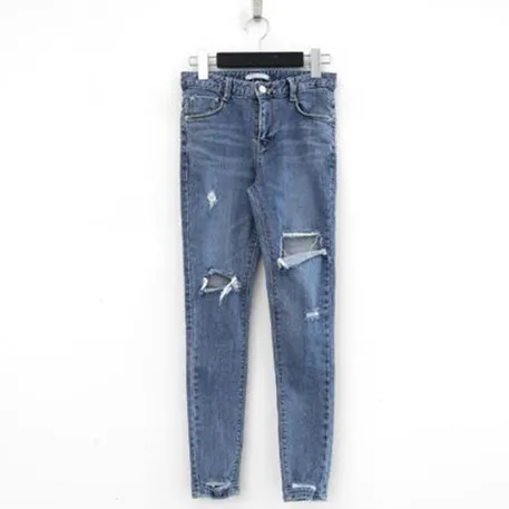 Women's Korean Style High Waist Ripped Jeans Light Blue - Shop at LoveMi