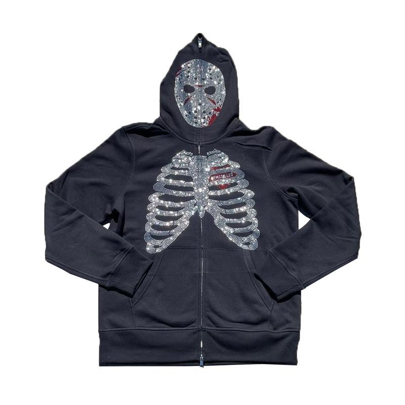 Trend Rhinestone Loose Hooded Cardigan Skull Sweatshirt