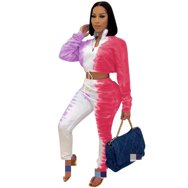 Casual Positioning Printed Stretch Sweatshirt With Waist Sports Two Piece Suit Pink - Shop at LoveMi