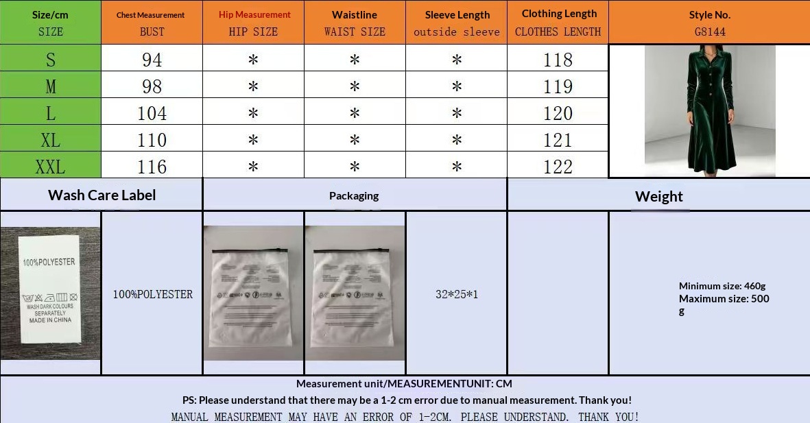 Women's Velvet Polo Collar Dress - Size Chart