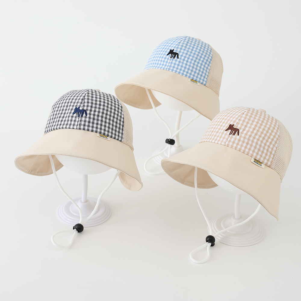 Summer Boys And Girls' Checkered Pointed-mouth Fox Embroidered Fishing Hat With Net Fabric, Breathable, Spliced And Wind-resistant Rope Baby Hat