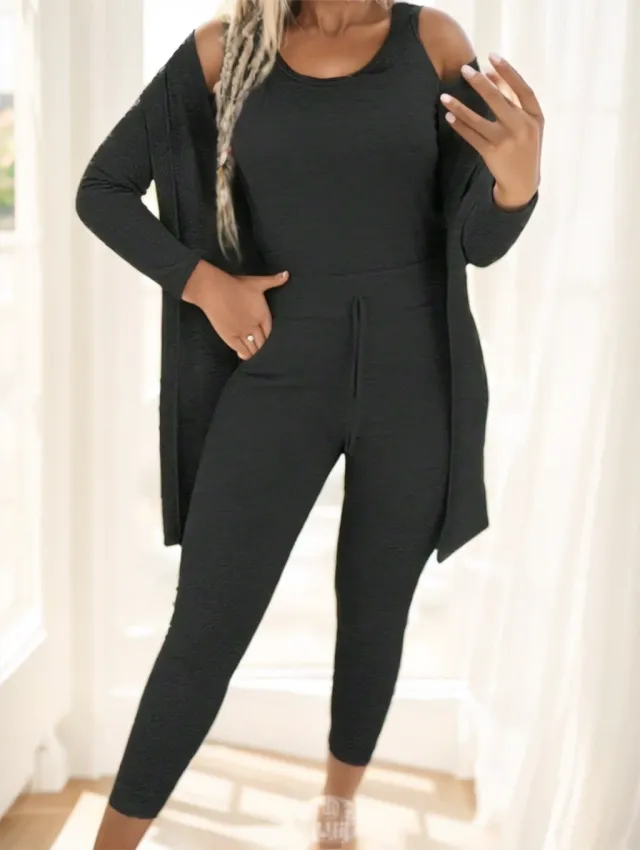 Women Solid Color Long Sleeve Minimalist Jacket Top And Pant Casual Suit Black - Shop at LoveMi
