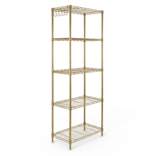 5-layer Display Rack With Adjustable Layer Spacing, Plug-in Deformable Structure, Adjustable Feet, Made Of Iron, 54x29x150cm, Powder-coated High-gloss Gold Finish — foto 8