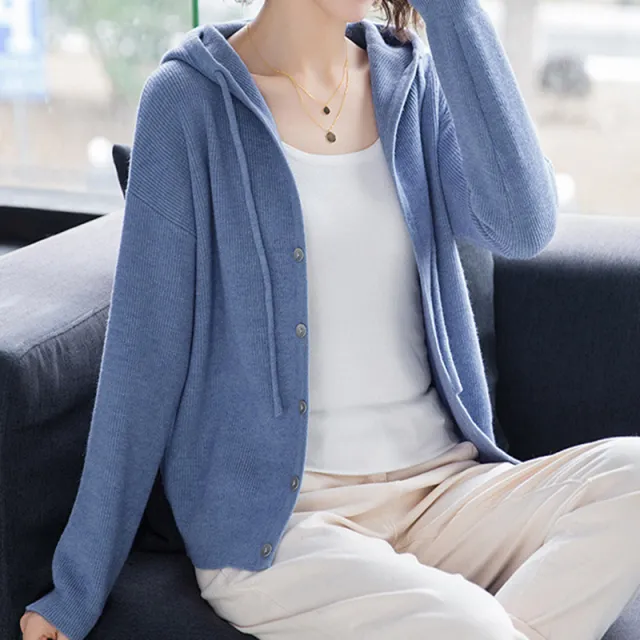 Hooded Sweater Coat Women Long Sleeve Single breasted Sweaters Clothes Blue - Shop at LoveMi