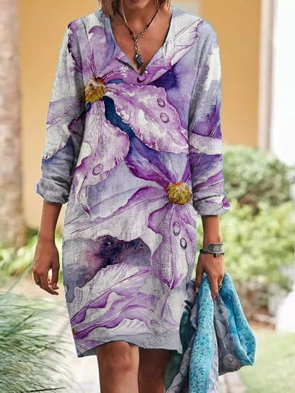 Ladies Long Sleeve V-Neck Printed Dress