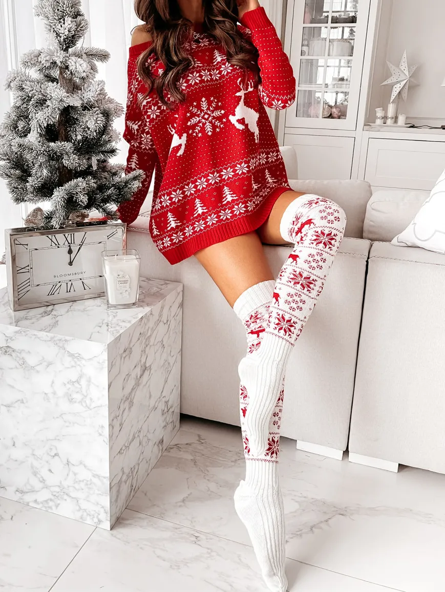 Women Long Socks Christmas Knitted Cotton Woolen Stocking Warm
