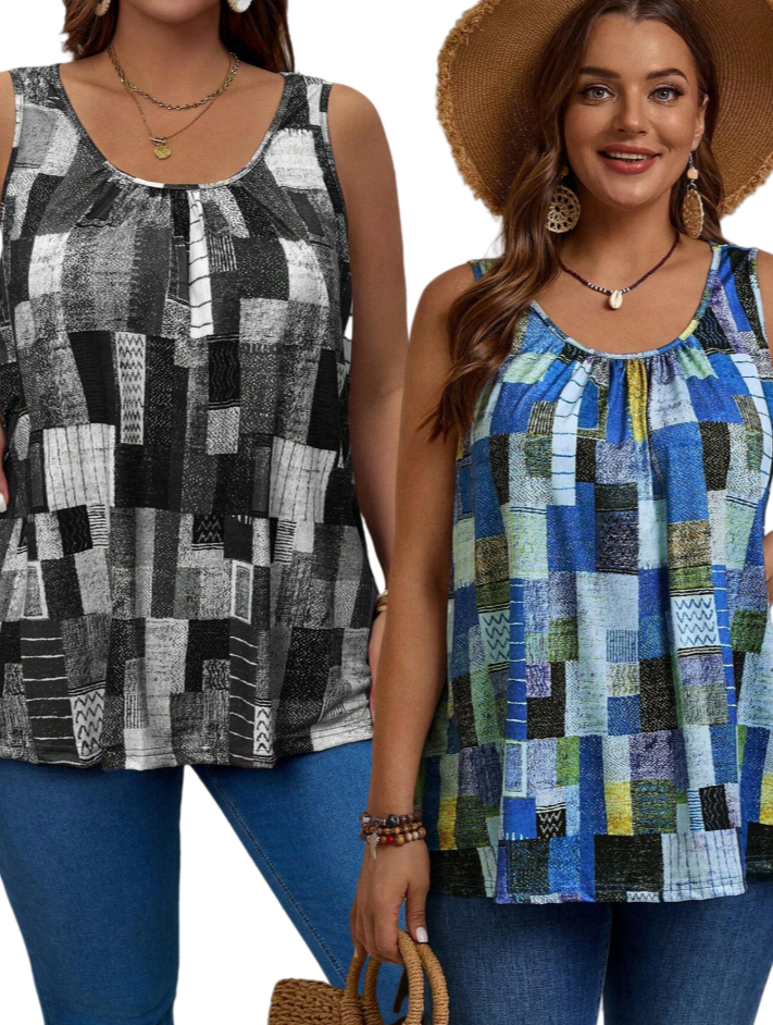 2pcs Plus Size Women's Summer Geometric Printed Round Neck Pleated Casual Tank Top