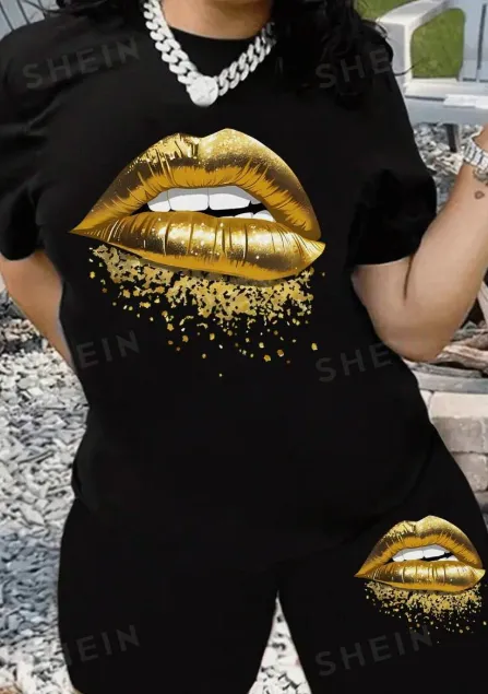 Slayr Women's Printed Short Sleeve T Shirt And Shorts Set, Simple Daily Outfits Black - Shop at LoveMi