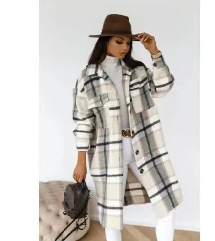 Casual Plaid Lapel Button-down Loose Mid-length Wool Coat - Grey