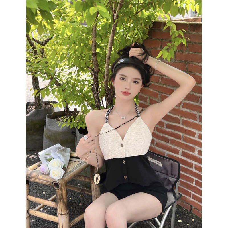 New Style Waist And Thin Hanging Neck Patchwork Small Fragrant Top