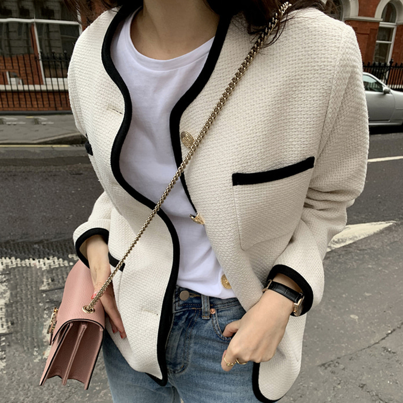 French Round Neck Trim Contrast Color Chic Single-breasted Loose Multi-pocket Design Short Jacket Women