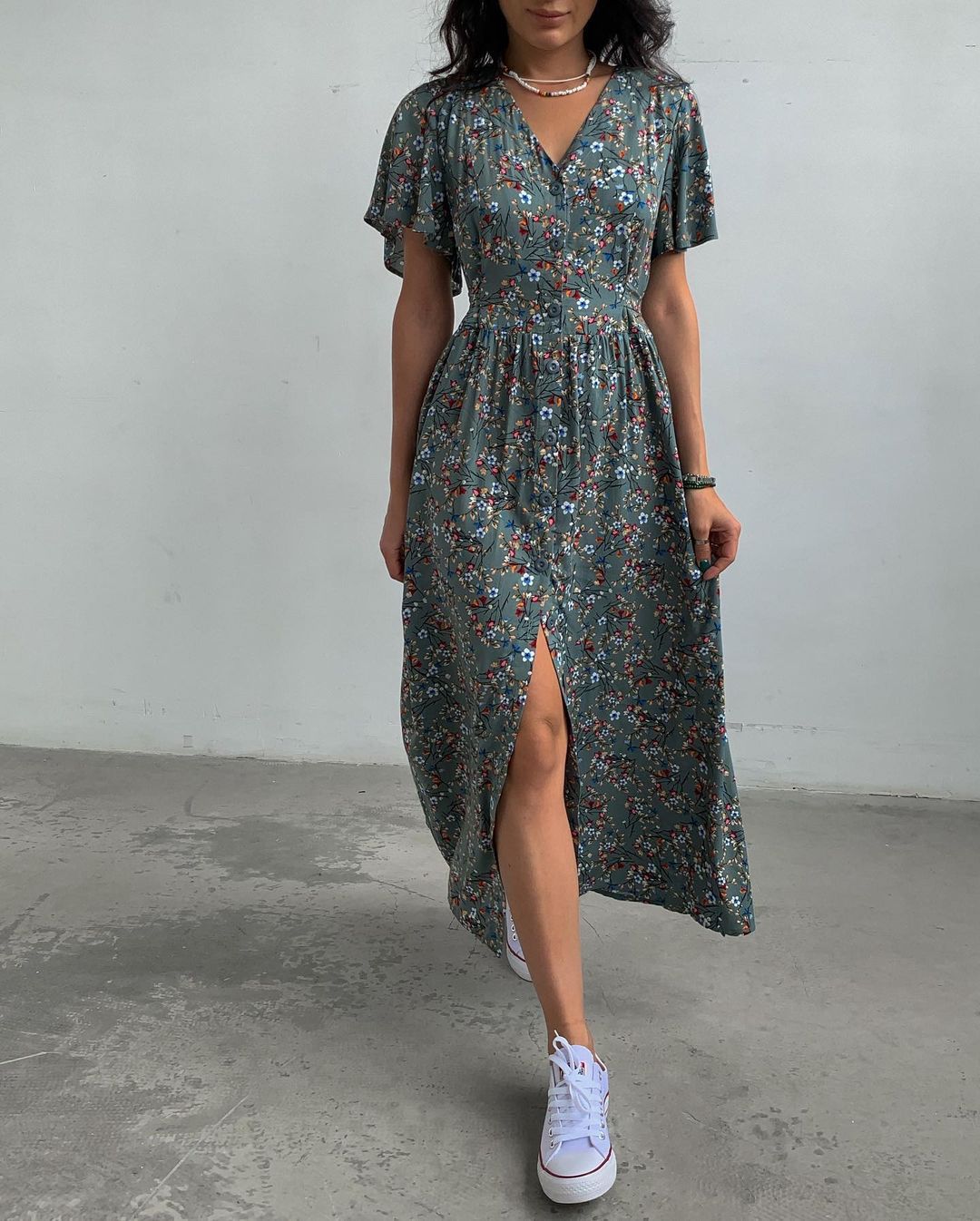 Mid-Sleeve Tunic Slit Floral Dress