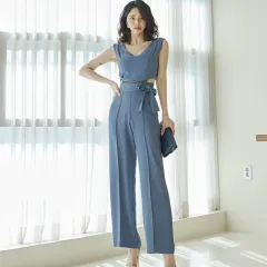 Women's Elegant V-Neck Split Waist Jumpsuit - Blue - View 1