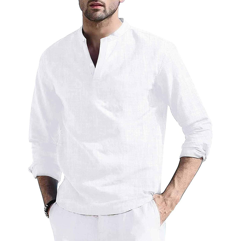 Men's V-neck European size shirt cotton and linen youth