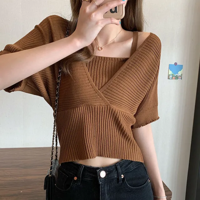 Design Fake Two piece Waistband Short Sleeved Knit Shirt For Women Coffee - Shop at LoveMi