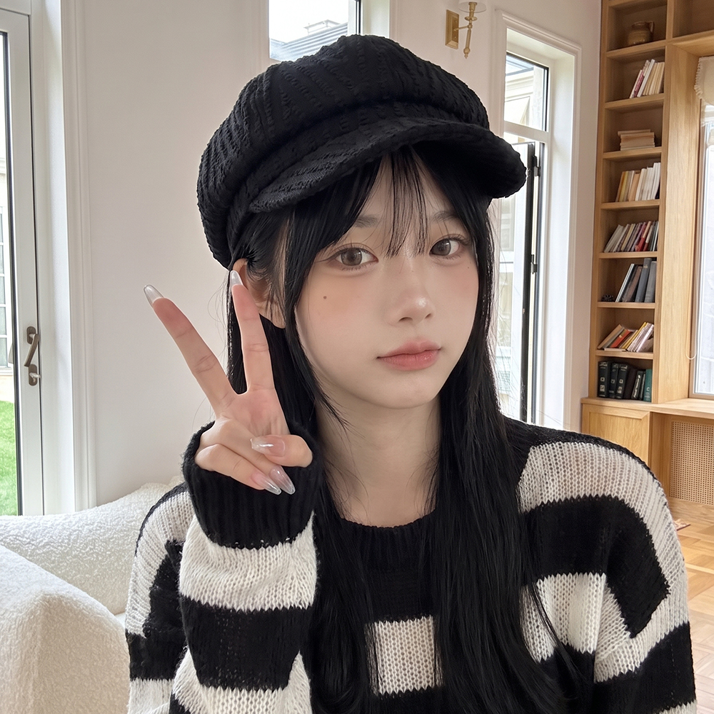 Vertical Texture Octagonal Newsboy Cap - Japanese Retro Curved Brim Painter's Hat - Suitable For Both Women And Men, Black And White Color Combination, Makes The Face Look Smaller.