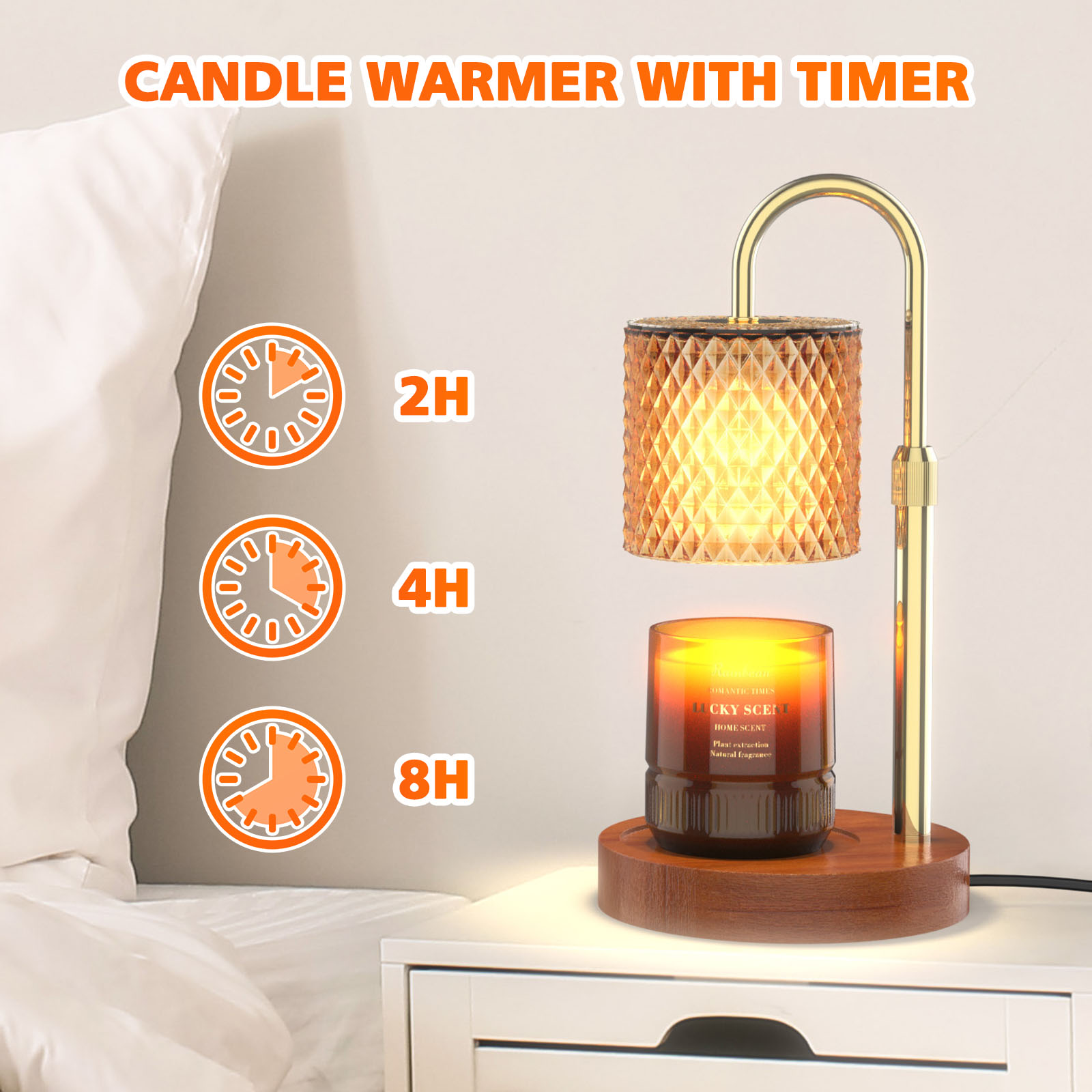 Adjustable Height Electric Candle Warmer Lamp. Timable Candle Warmer Lamp Newly upgraded candle warmer lamp with timer button, there are 3 kinds of time can be set: 2H/4H/8H. In timed mode, you can do your own thing without worrying about it, and the cand